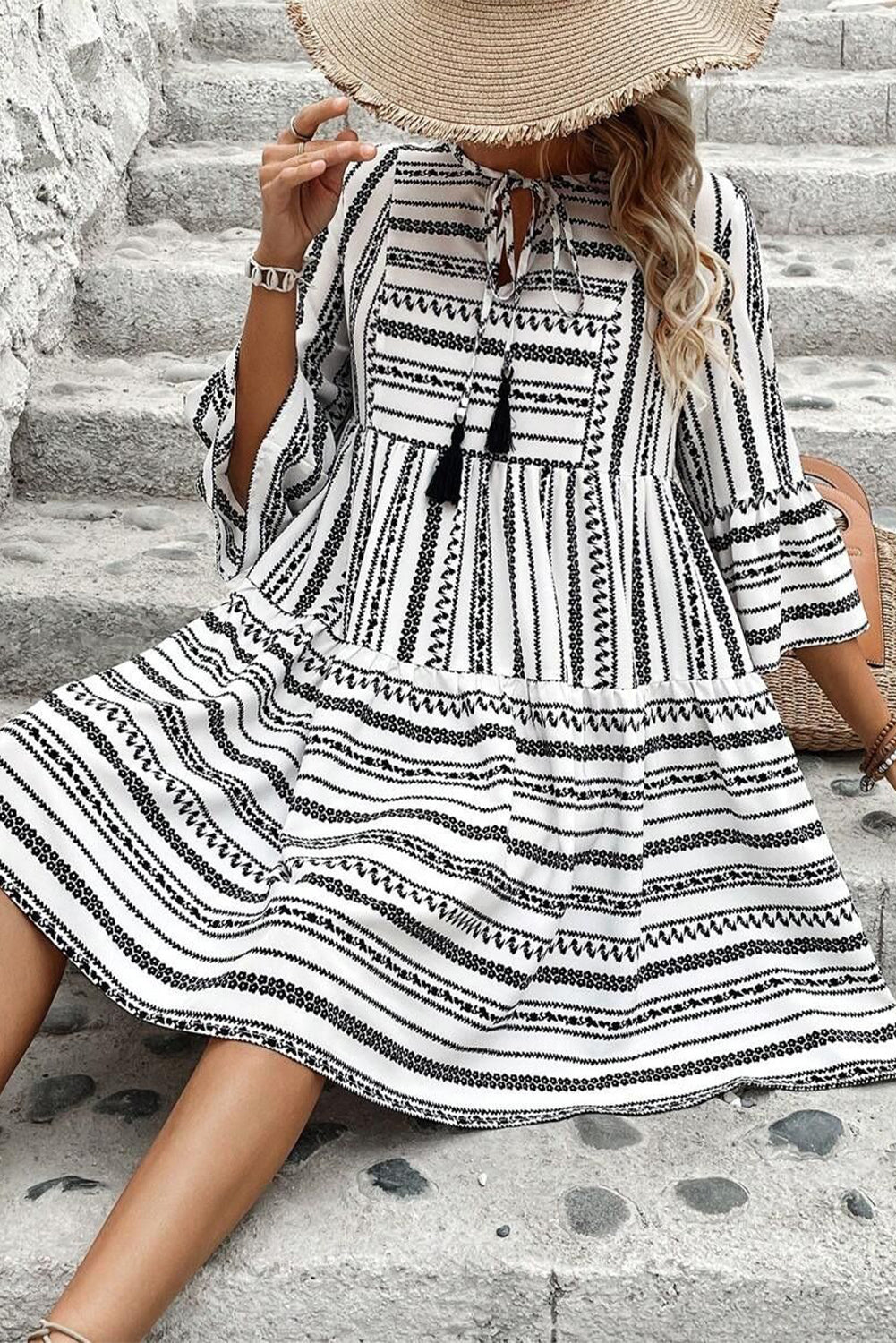 Island Black Stripe V Neck Bell Sleeve High Waist Mini Dress