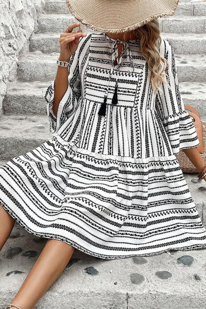 Island Black Stripe V Neck Bell Sleeve High Waist Mini Dress