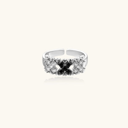 White gold plated adjustable ring with three rows of square zirconia stones in black or pink chevron pattern