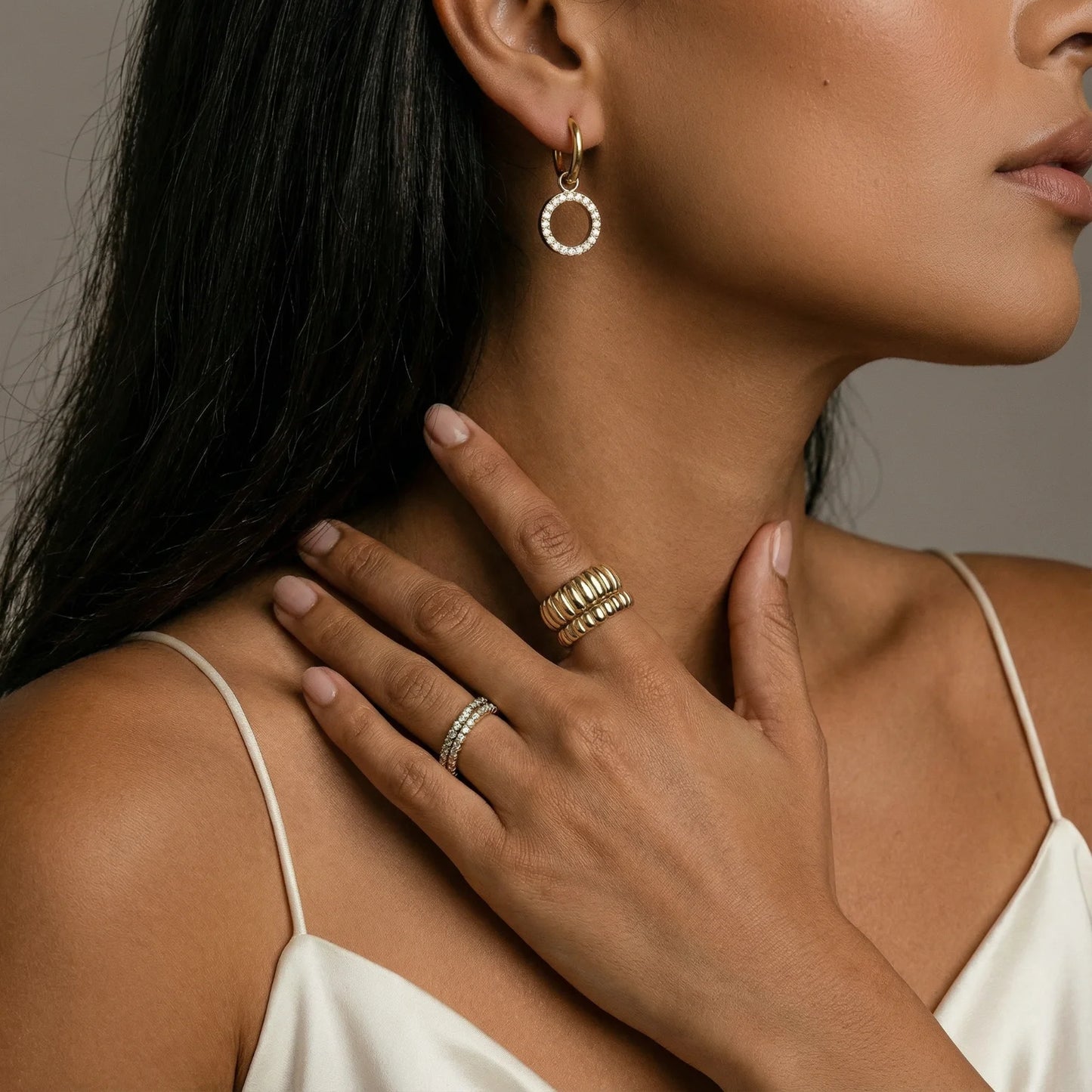 18K Gold Plate Stainless Steel Halo Circle Drop Hoop Earrings