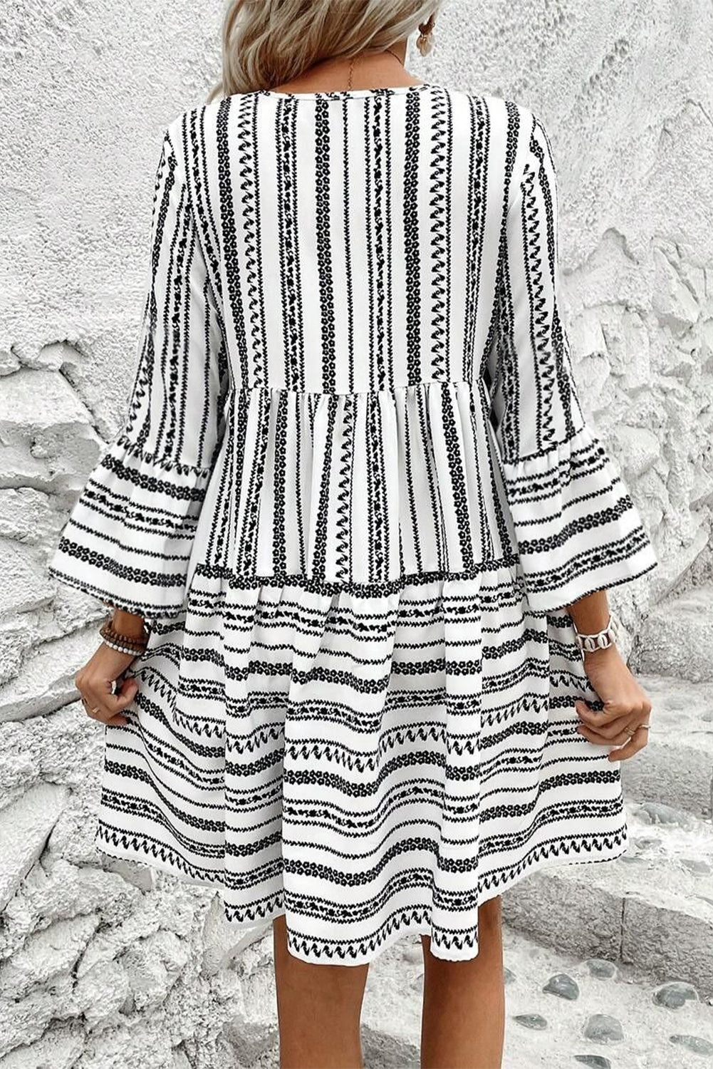 Island Black Stripe V Neck Bell Sleeve High Waist Mini Dress