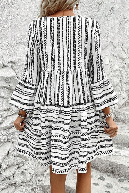 Island Black Stripe V Neck Bell Sleeve High Waist Mini Dress