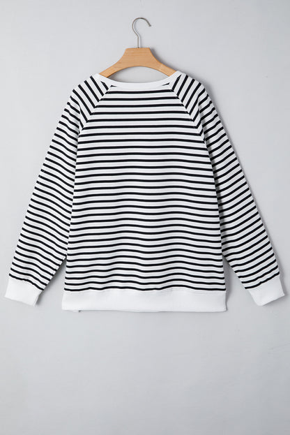 Black Stripe Raglan Sleeve Side Slits Loose Sweatshirt