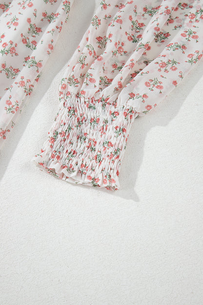 White Floral Print Shirred Ruffled Hem Square Neck Midi Dress