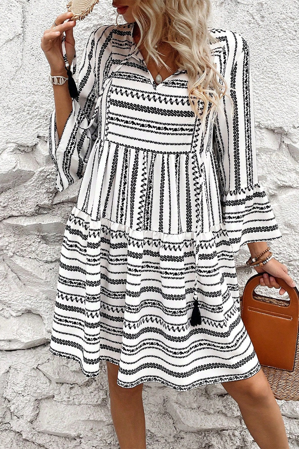 Island Black Stripe V Neck Bell Sleeve High Waist Mini Dress