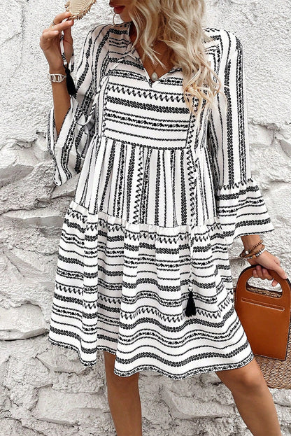 Island Black Stripe V Neck Bell Sleeve High Waist Mini Dress