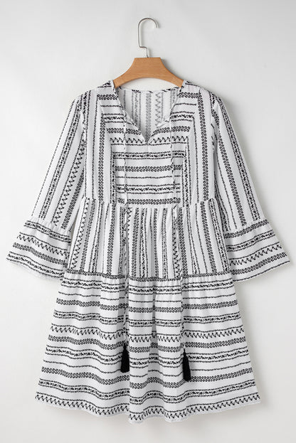 Island Black Stripe V Neck Bell Sleeve High Waist Mini Dress