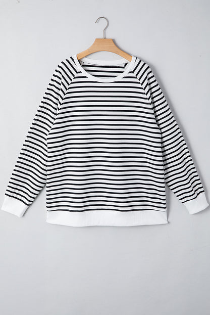 Black Stripe Raglan Sleeve Side Slits Loose Sweatshirt
